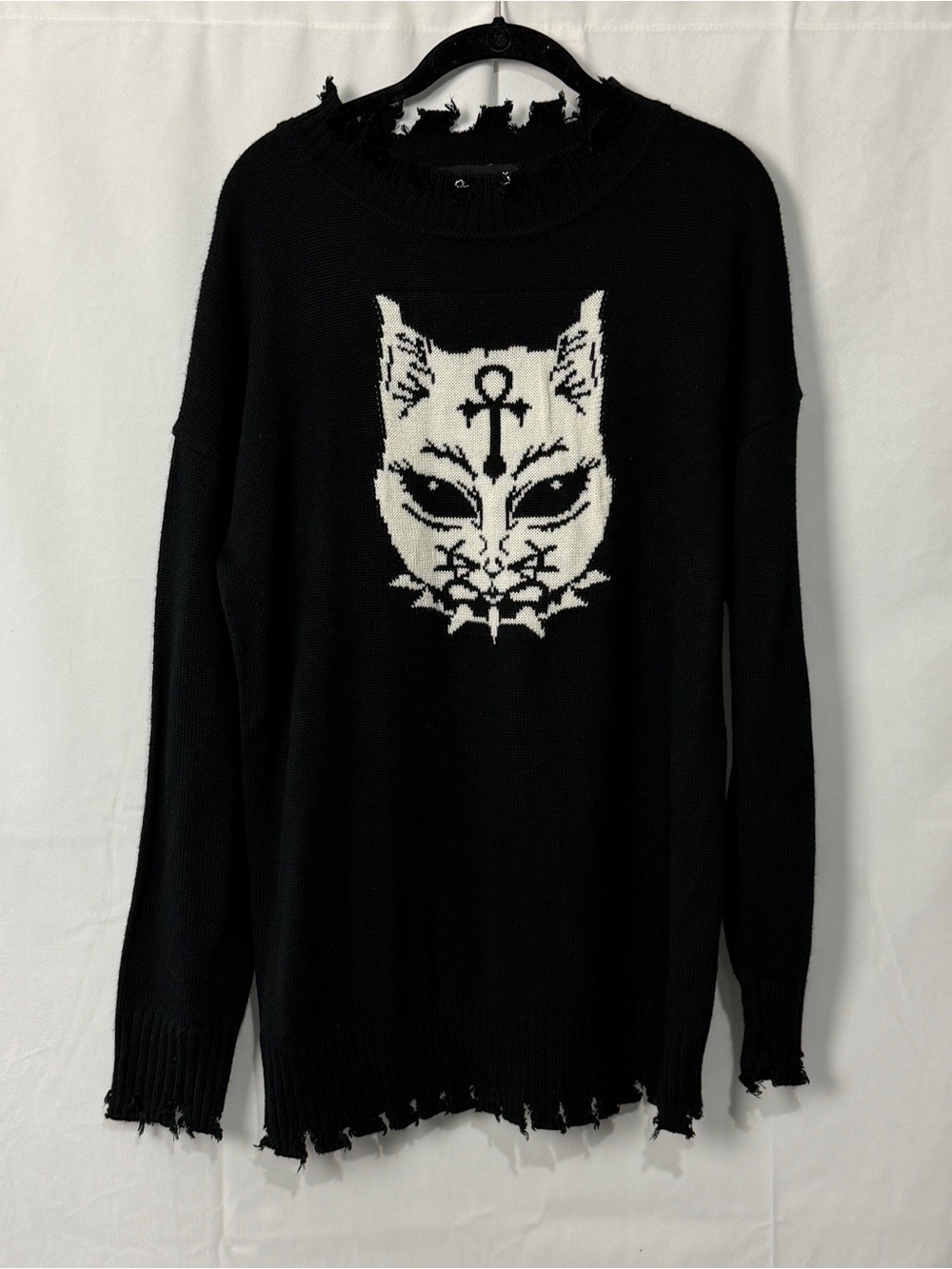 Dolls Kill Distressed Sweater Sz Small Black Goth Cat Graphic